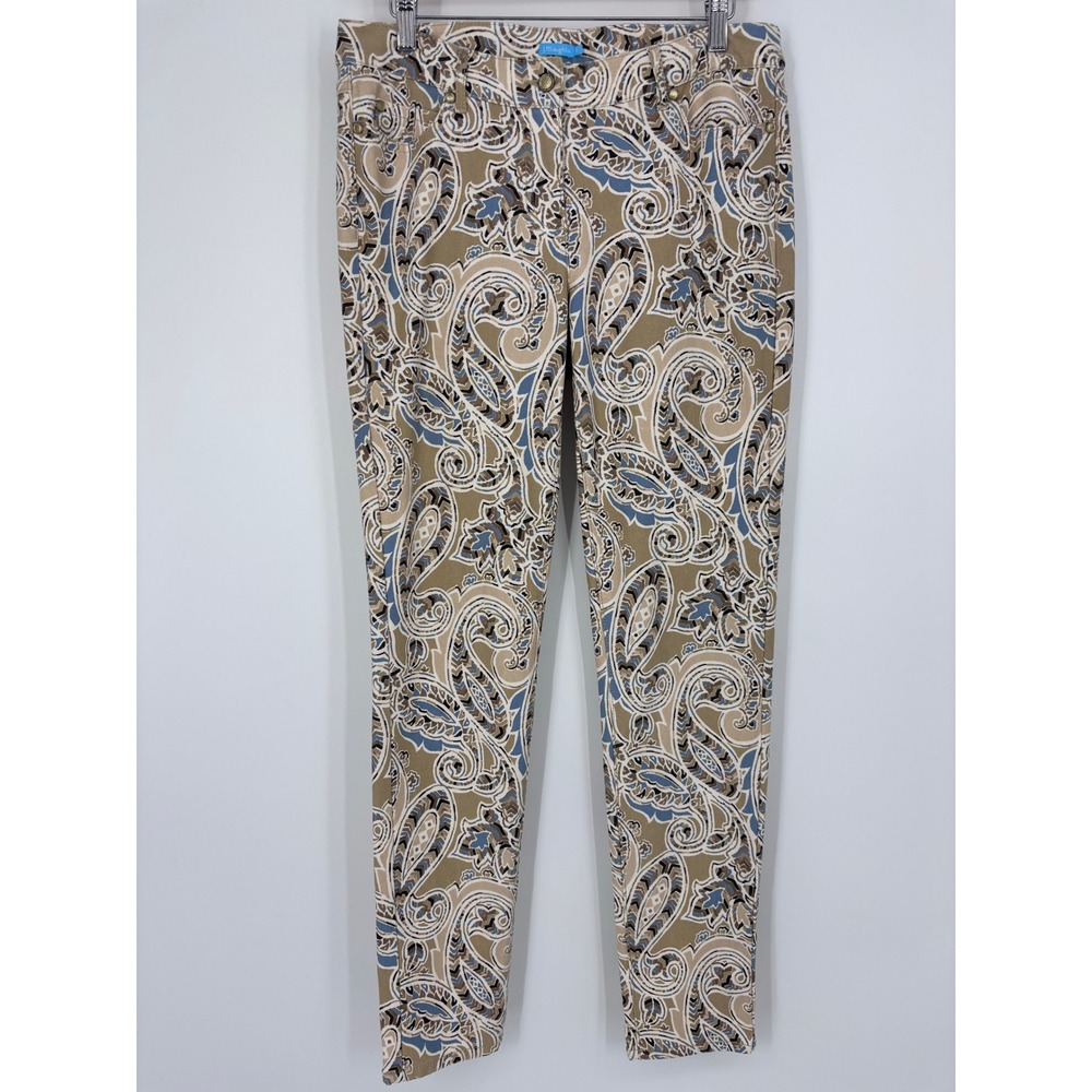 J.McLaughlin Paisley Print Stretch Cotton Slim Ankle Pants Womens 8 Tan Blue